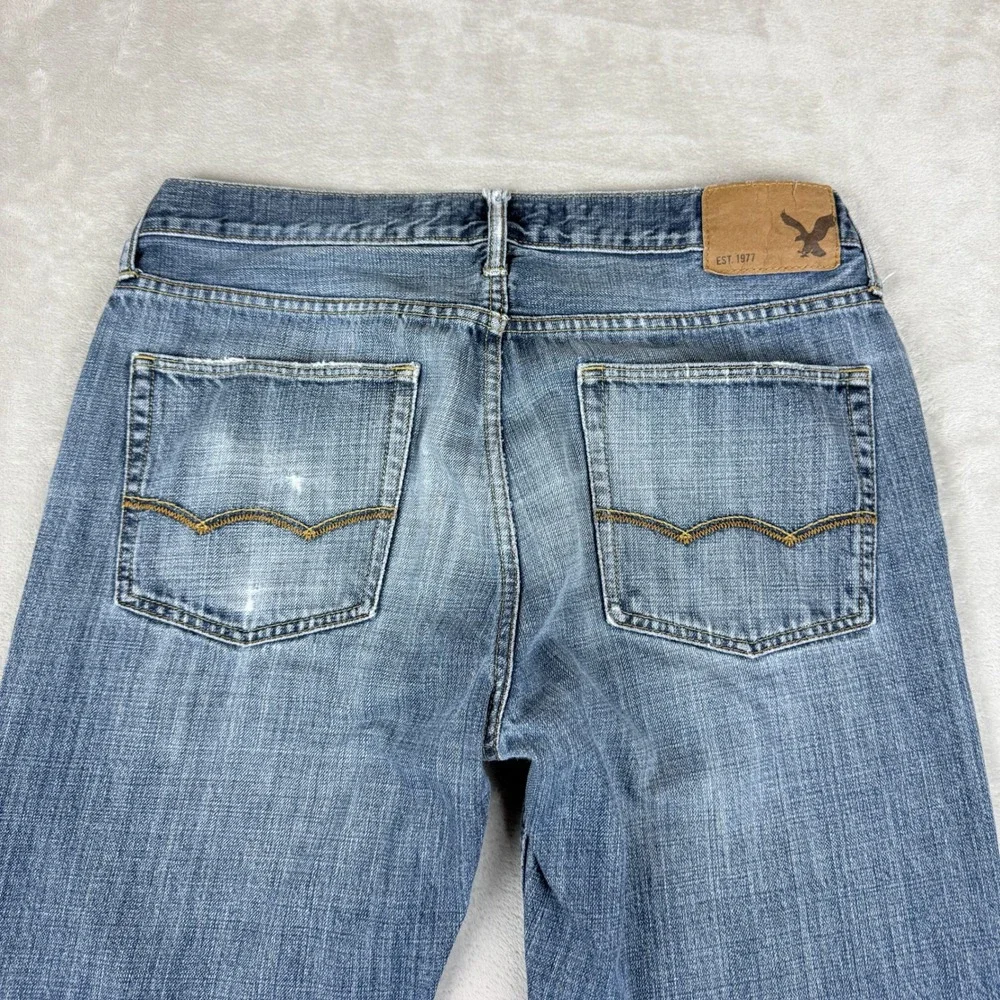 American Eagle Jeans Mens Meas 34x32.75 Blue Original Straight Grunge Distressed